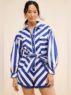 Farm Rio Blue and White Striped Tie-Waist Romper